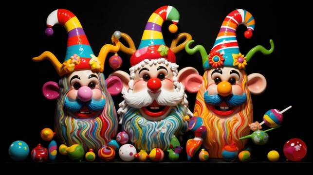  a group of colorfully painted figurines sitting next to each other on a black background in front of a black backdrop.  generative ai
