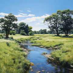 Fototapeta na wymiar Oil painting. Landscape with a small river in a field among trees