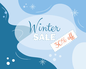 Sale 30% off. Banner with special sale in winter aesthetic - blue and white colors and snowflakes -vector illustration