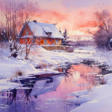 Oil painting. Winter landscape with a small house, river, snow and trees