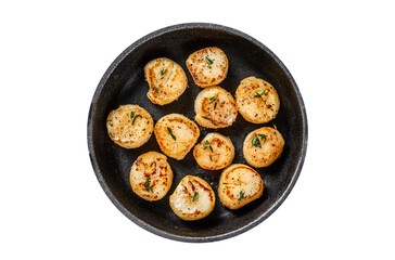 Fried scallops with butter sauce in a pan.  Transparent background. Isolated