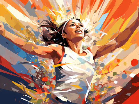Female athlete celebrating victory, vector illustration, shattered vectors background
