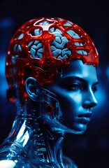 Obraz premium Artificial bio-electronic android head made of composites and bio human cells. Visible coating of the outer cerebral cortex and optical fibers inside. Digital painting, illustration. Generative AI