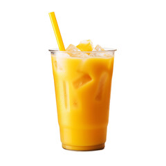 a fresh glass of mango juice with ice cubes and a straw isolated on a transparent background for a cafe or restaurant menu, a cold fruit beverage drink PNG - obrazy, fototapety, plakaty