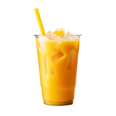 Keuken spatwand met foto a fresh glass of mango juice with ice cubes and a straw isolated on a transparent background for a cafe or restaurant menu, a cold fruit beverage drink PNG © graphicbeezstock