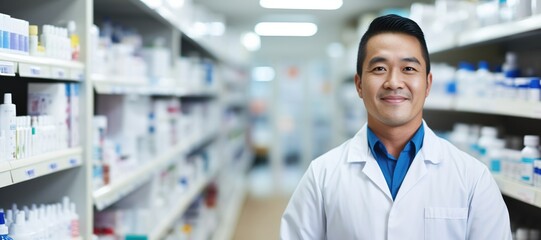 Pharmacy, smiling attendant posing looking at the camera