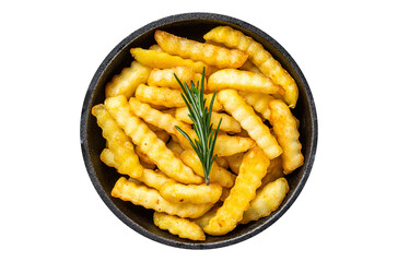 Fried Crinkle French fries potatoes in a pan. Black  Transparent background. Isolated
