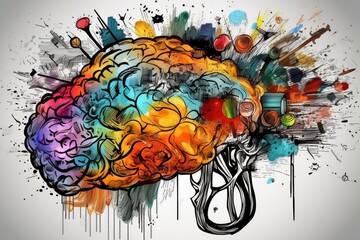 Abstract Human Brain AI Colorful Doodle Illustration, Creative Artificial Intelligence Painting of the human Mind and Visulisation of Knowledge Transfer and an educated Brain