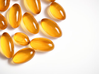 gélules de vitamine en gel, capsule souple de médicament orange-jaune sur fond blanc