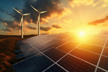 Wind Turbine, Solar Panels, and Sunset: Eco-Friendly Power. ai generative