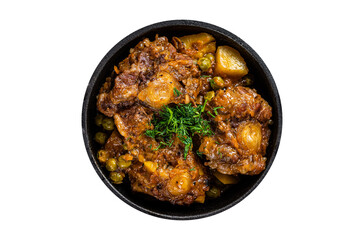Beef oxtails stew with wine and vegetables in a pan.  Transparent background. Isolated