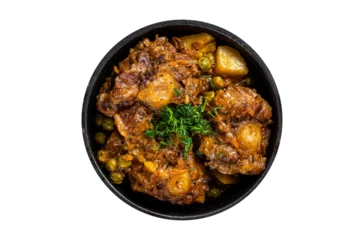Fotobehang Beef oxtails stew with wine and vegetables in a pan.  Transparent background. Isolated © Vladimir
