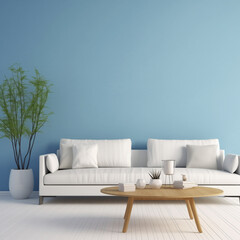 White sofa or couch with side tables on a solid blue background, banner size, fresh and calm interior 