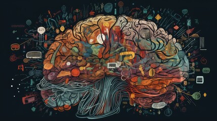 Human skull with creative coloful brain, left and right brain hemisphere, cerebral hemisphere, Doodle, brain, hemisphere. Colorful business Doogle, agile brain hemispheres communicating  - obrazy, fototapety, plakaty