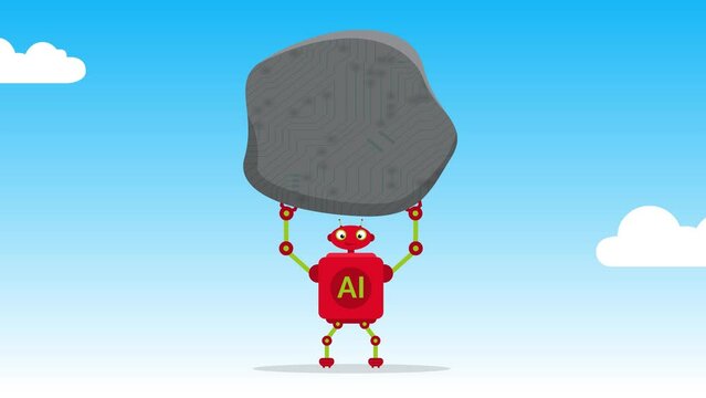 Robot holding big stone, pressure from too much traffic concept, overload and stress burden, anxiety from work difficulty