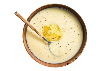 Cream potato soup with potato chips in wooden plate.  Transparent background. Isolated
