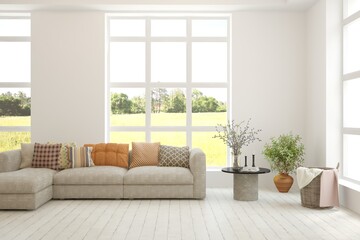 Contemporary classic white interior with furniture and decor and summer landscape in window. Scandinavian interior design. 3D illustration