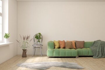 White living room with sofa. Scandinavian interior design. 3D illustration