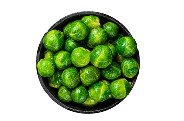 Boiled Brussels green sprouts cabbage in a pan.  Transparent background. Isolated