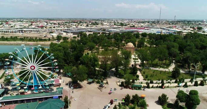 Drone flies over Ismoil Somoniy madrasah on sunny day