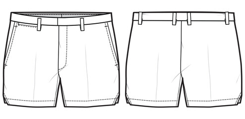 Men's cropped chino shorts design flat sketch fashion illustration with front and back view. twill Shorts cad drawing vector template