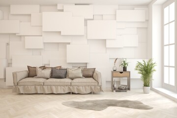 White scandinavian interior design with sofa. 3D illustration