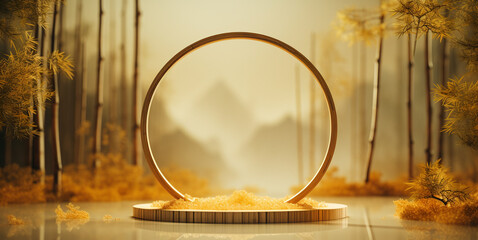 Autumnal Forest Gateway with Golden Circular Frame

