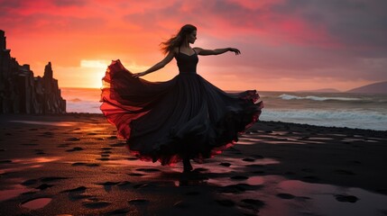  a woman in a long dress is dancing on the beach with the sun setting behind her and the ocean in the background.  generative ai - obrazy, fototapety, plakaty
