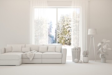 White living room with sofa and winter landscape in window. Scandinavian interior design. 3D illustration - obrazy, fototapety, plakaty