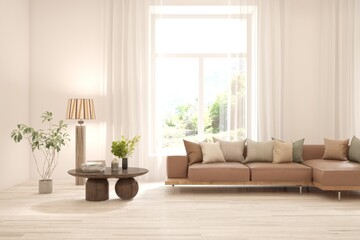 Bright interior design with modern furniture and summer landscape in window. 3D illustration