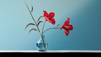  a vase filled with red flowers sitting on top of a table next to a blue wall and a blue wall behind it.  generative ai