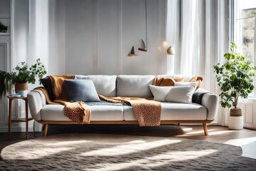 sofa with modern furniture, and a spotty blanket lying on it
