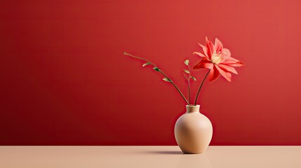  a white vase with a flower in it on a table next to a red wall and a white vase with a flower in it on a table.  generative ai