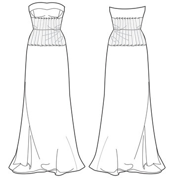 Sweetheart neck strapless column wedding dress design flat sketch fashion illustration with front and back view, off shoulder pleated trumpet bridal dress flat sketch cad drawing template