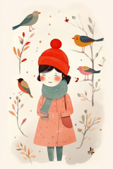 Illustration of a little girl with birds