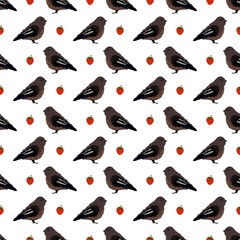 Sparrow and strawberry seamless pattern 