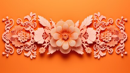  a paper cutout of a flower on an orange background with leaves and flowers in the center of the border.  generative ai