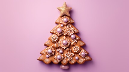  a close up of a christmas tree made out of cookies on a pink background with a star on top of it.  generative ai