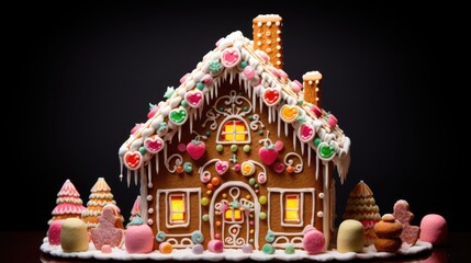  a close up of a gingerbread house on a table with other gingerbreads and candies around it.  generative ai