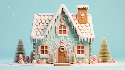  a gingerbread house decorated with candy canes and candy canes on a blue background with snowflakes and candy canes.  generative ai - obrazy, fototapety, plakaty