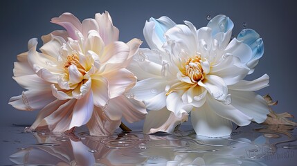  a couple of white flowers sitting on top of a body of water with drops of water on the bottom of the flowers.  generative ai