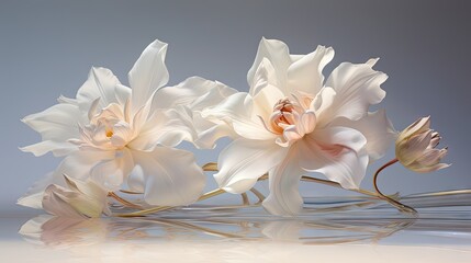  a group of white flowers sitting next to each other on top of a white counter top in front of a gray background.  generative ai