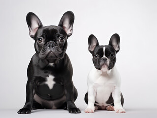 studio photo of two cute puppies in black and white on a white background