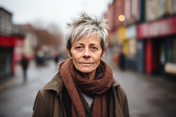 Portrait of an elderly woman with short hair in the city.