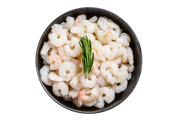 Boiled Peeled Shrimps, Prawns in a pan.  Transparent background. Isolated