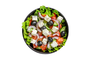 Greek salad with fresh vegetables and feta cheese in a pan.  Transparent background. Isolated