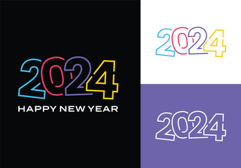 2024 happy new year number text modern colorful line art vector design template