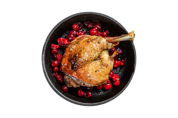 Fried duck leg with cranberrie sauce in a pan.  Transparent background. Isolated