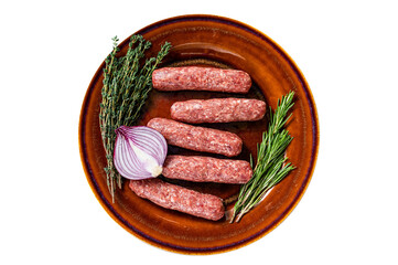Raw kofta meat kebabs sausages on a plate with herbs.  Transparent background. Isolated