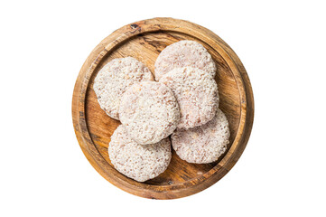 Raw chicken patty cutlet with breadcrumbs.  Transparent background. Isolated